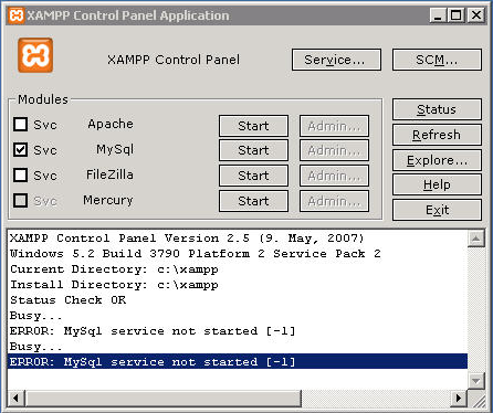 Error : MySql Service not started [-1] on xampp 1.7